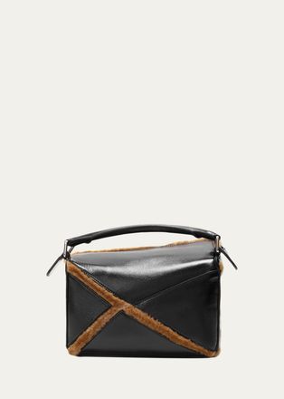 Loewe Puzzle Aviator Shearling-Trim Top-Handle Bag