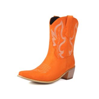 Generic Womens Western Cowboy Boots in Suede Fabric with Rhinestone Embroidery Pointed Toe Block Heels Vibrant Color Soft Inner Lining Durable Non-Slip Outsol