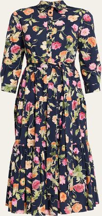 Carolina Herrera Belted 3/4-Sleeve Floral Cotton Midi Shirt Dress