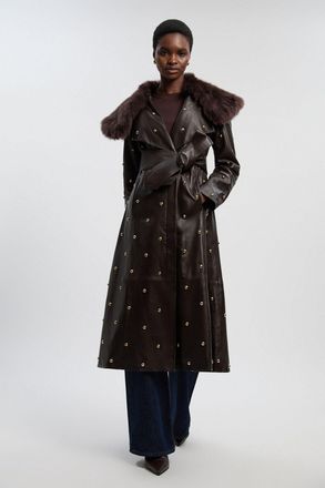 Karen Millen Womens Leather & Shearling Collar Studded Belted Maxi Coat - Chocolate - Size 10 UK