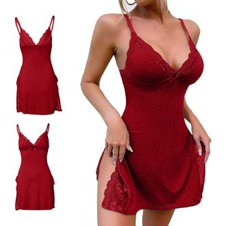 Generic Plus Size Lingerie Nighties Elegant Lingerie Nightdress Pyjamas Sexy Lace Chemise Slip Dress Naughty V Neck Slit Babydoll Sleepwear Summer Nightgowns 