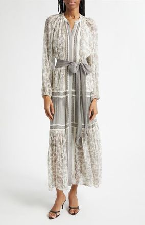 Ramy Brook Halley Mixed Print Long Sleeve Silk Dress in Bone/Black Floral at Nordstrom, Size Medium
