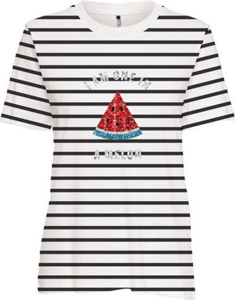 Only Kurzarmshirt ONLY ONLKITA S/S TEE JRS NOOS, Damen, Gr. XL, cloud dancer stripes:schwarz, sequin watermelon, Jersey, Obermaterial: 100% Baumwolle, gest