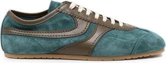 Dries Van Noten Teal Suede And Dark Brown Leather Sneakers With Minimalist Design