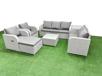 Fimous PE Rattan Garden Furniture Set Adjustable Chair Sofa Double Love Seat 2 Seater Sofa Lounge Set Square Coffee Table Big Footstool Side Table