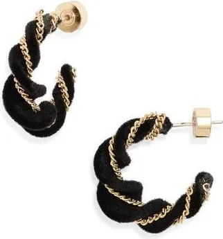 Nordstrom Velvet Chain Hoop Earrings in Black- Gold at Nordstrom Rack