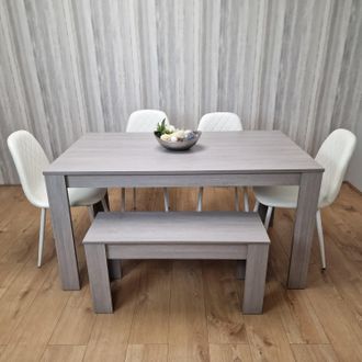 Kosy Koala Grey Dining Table with 4 Diamond Stitched White Chairs and 1 Bench