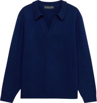 Brooks Brothers Gebreide polo met open kraag van lamswol - Heren - V-hals truien - Blauw - 3XL - Wol - Truien & Vesten