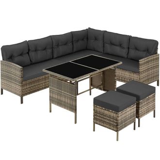 TecTake 8 Seater Garden Furniture Set with Cushions, Footstools & Table in Natural | Size: XL
