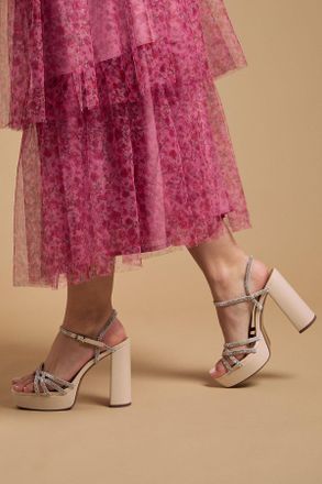 Oasis Womens Mona Faux Leather Embellished High Block Heel Platform Sandals - Beige - Size UK 4