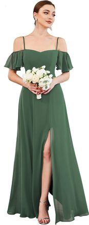 Ever-pretty Womens Maxi Ruffles One Shoulder Short Sleeve Empire Waist A Line Chiffon Bridesmaid Dresses with Side Slit Eucalyptus 12UK
