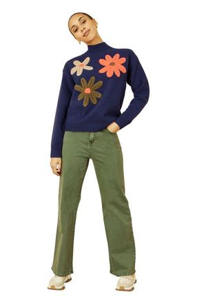 Yumi Floral Detail High Neck Knit Sweater in Navy at Nordstrom, Size Medium