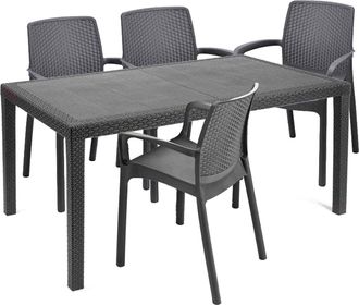 Dmora Dmora - Set Salotto Da Esterno Roccaraso, Salottino Outdoor E Indoor, Tavolo Rettangolare Fisso Con 4 Sedie Impilabili, Made In Italy, Antracite
