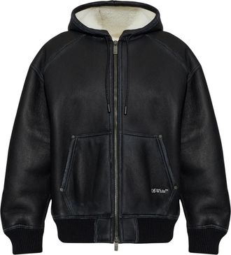 Off-white Leren jack met teddy voering en capuchon - Heren - Jassen - Zwart - XL - Leer - Jassen