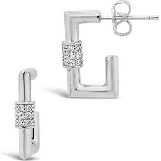 Sterling Forever Rhodium Plated CZ Carabiner Square Hoop Earrings in Silver at Nordstrom Rack