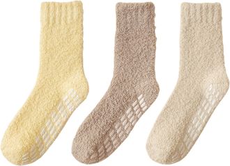 Generic Womens Soft Fuzzy Socks with Grips, 3 Pairs Non Slip Winter Warm Cozy Super Soft Fluffy Home Sleeping Slipper Socks (3pcs-D)