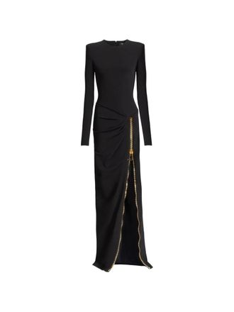 Balmain Abito Lungo Maniche Lunghe Zippato Compact Jersey Long Dress