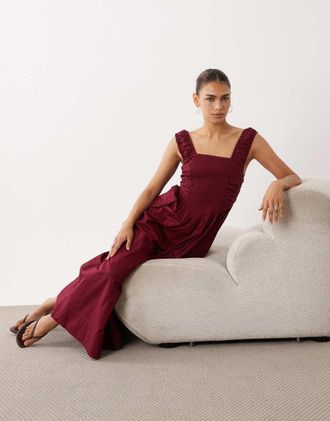 Vero Moda vestito midi con corpino arricciato stile milkmaid e gonna ampia bordeaux-Rosso