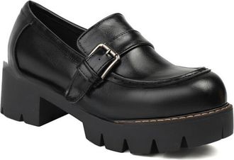 Generic Womens Closed Round Toe Platform Loafers Block Heel Office Dress Shoes Slip on Casual Shoes with Buckle,Black,5.5 UK