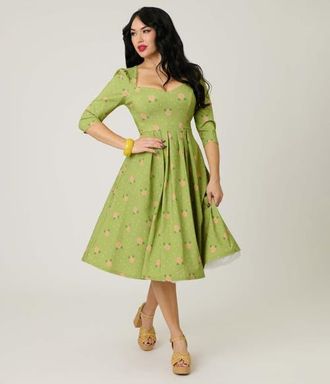 Unique Vintage Sweetheart Swing Dress in Chartreuse & Pink Rose Print at Nordstrom, Size X-Large