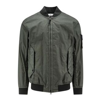 Stone Island Bomber Jackets, male, Green, Size: M Green Zip-Up Jacket with Ribbed Profiles