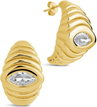 Sterling Forever CZ Studded Croissant Hoop Earrings