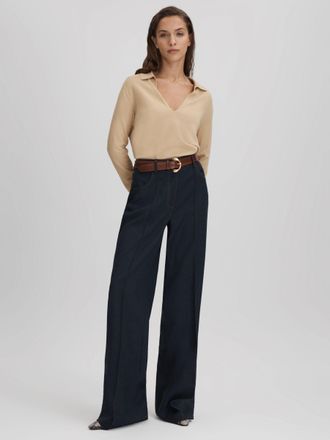 Reiss Womens Nellie Neck Top Lyocell Knitted, Stone Size: XS