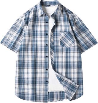 Generic Mens Checked Shirt Short Sleeve Flannel Shirt for Men Fashion Lightweight Lapel Collar Button Down Summer Casual Tops Breathable Versatile Daily Wear 