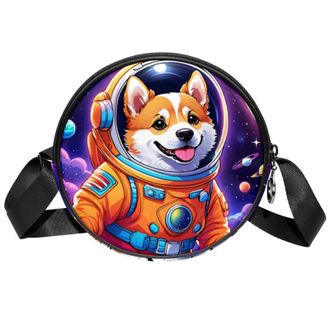 Generic Circle Crossbody Bag for Women, Dog Space Small Sling Bag Daypack with Zipper Adjustable Shoulder Straps Casual Ladies Girls Round Purse