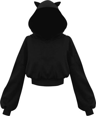 Generic Womens Hoodies Cropped Hooded Sweatshirt Y2K Clothes Cat Ears Lantern Sleeve Cute Hoodie Gothic Style Halloween Costume Pullover Sweatshirts with Fron