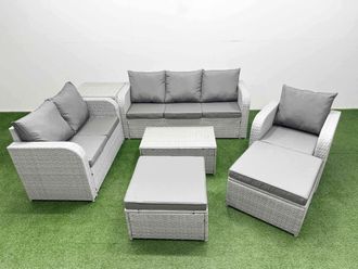 Fimous Patio PE Wicker 8 Seater Outdoor Rattan Furniture Sofa Sets w/ Rectangular Coffee Table Reclining Chair Loveseat Sofa 3 Seater Sofa 2 Big