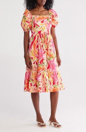 Vince Camuto Square Neck Puff Sleeve Cotton Midi Dress in Pink Multi at Nordstrom Rack, Size 14