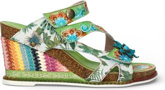 Laura Vita Laura Vita Womens Balade 32 Vert Green Floral Leather Wedge Espadrille Sandals - Size EU 36