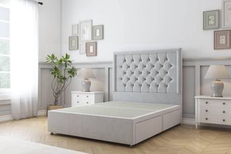 Sloomy Montana Plush Divan Bed Base 2 Drawers Same Side - 26 Headboard in Silver | Size: Super King