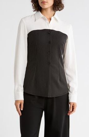 Patrizia Luca Pinstripe Twofer Button-Up Shirt in Black at Nordstrom Rack, Size Medium