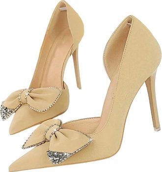 Generic Women Pointed Toe High Heel Pumps Rhinestone Bow Wedding Office Party Dress Shoes Apricot