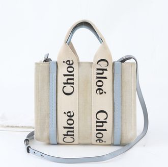 Chlo&eacute; Beige Blue Canvas Leather Handbag Shoulder Bag Tote Bag (Pre-Owned)