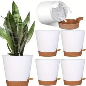 OEM Juego De 5 Macetas Con Autorriego Para Plantas De Interior Y Exterior, Jard&iacute;n - Maceta Blanca + Base Marr&oacute;n