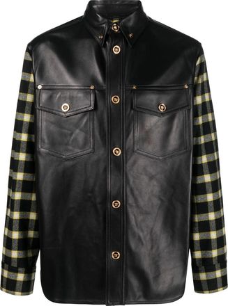 Versace Black Blouson Leather Checkered Sleeve Jacket