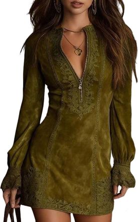 Generic Suede Mini Dresses for Women V-Neck Zip-up Western Cowgirl Dress with Lace Trim Long Sleeve Suede Dress Vintage Dresses for Ladies Green