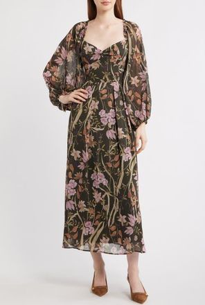 En Saison Floral Long Sleeve Chiffon Dress in Black Lilac Olive at Nordstrom, Size X-Large