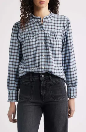 Rails Alanna Ruffle Check Organic Cotton Snap-Up Shirt in Sky Check at Nordstrom, Size Xx-Large