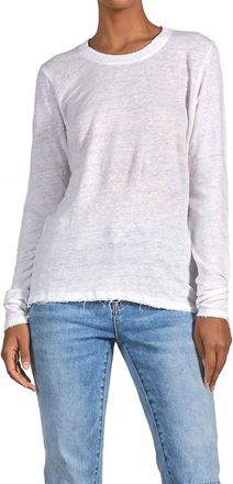 Elan Long Sleeve Linen Fray Crew Neck Tee In White