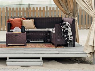 Dmora Dmora - Conjunto De Sal&oacute;n Exterior Dcorre, Conjunto De Jard&iacute;n Con Cojines, Conjunto De Sal&oacute;n Interior Efecto Rat&aacute;n, 100% Made In Italy, Marr&oacute;n