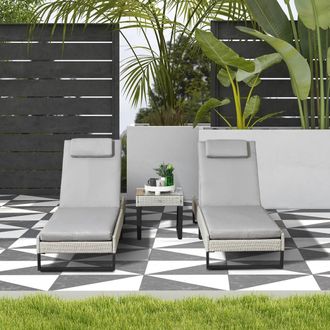 OUTSUNNY Rattan Sun Lounger Set w/ Cushions, 5-Level Chaise Lounge Chairs in Light Grey