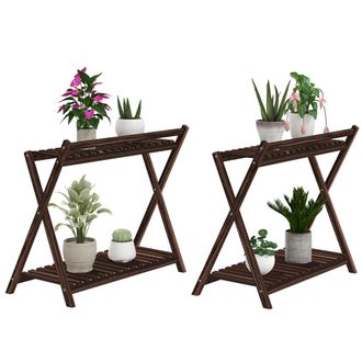 OUTSUNNY Set 2 Porta Fiori 2 Livelli A Doghe In Legno Di Abete Marrone Bruciato