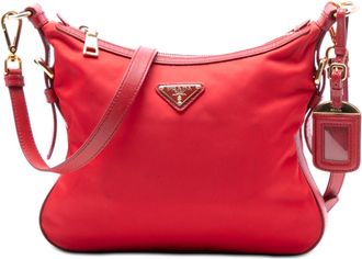 Prada Red Saffiano Trimmed Tessuto Zip Top Crossbody