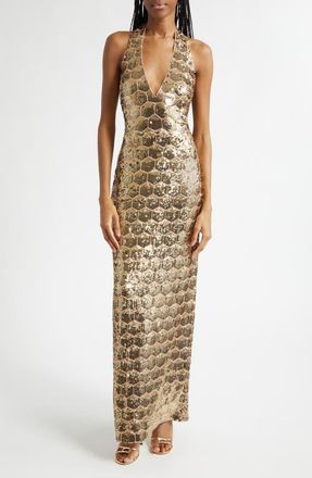 Ramy Brook Shauna Sequin Halter Gown in Gold Sequin at Nordstrom, Size 14