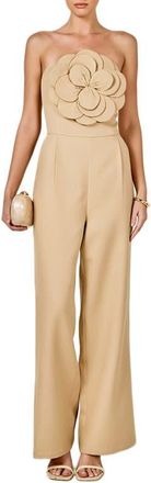 endless rose Floral Appliqu&eacute; Strapless Jumpsuit in Tan at Nordstrom, Size X-Small