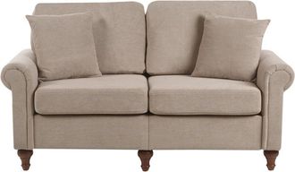 Beliani 2 Seater Sofa Taupe Fabric Upholstery Scrolled Arms Wood Frame Throw Pillows Modern Living Room GINNERUP